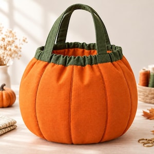Può includere: Una borsa in tessuto arancione di forma rotonda simile a una zucca, con pannelli verticali cuciti e un bordo in tessuto verde scuro attorno all'apertura superiore. La borsa presenta due manici in tessuto verde scuro abbinati sul bordo.