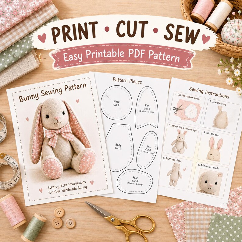 Bunny Sewing Pattern PDF, Stuffed Animal Tutorial, Nursery Decor DIY ...
