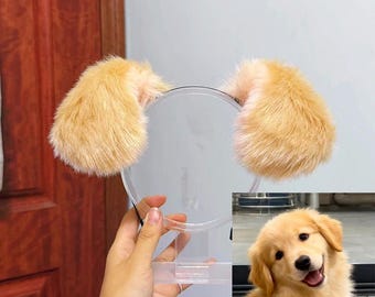 Diadema de orejas de Golden Retriever de piel sintética hecha a mano, accesorio esponjoso para cosplay Kemonomimi