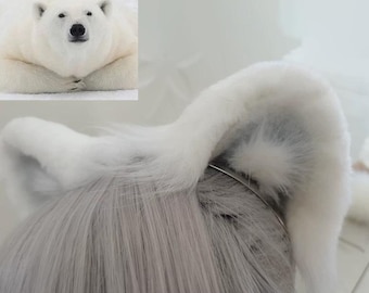 Diadema de orejas de oso polar de piel sintética hecha a mano, orejas de oso esponjosas para cosplay, fursuit, therian y disfraces de kemonomimi.