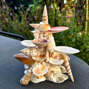 May include: A decorative sculpture constructed from various seashells, including spiral, fan, and bivalve shapes in shades of white, tan, and pink. The shells are arranged in a tiered, tree-like structure and accented with small white spherical beads.