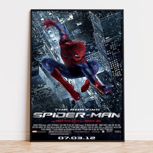 May include: A rectangular movie poster for The Amazing Spider-Man featuring the character in a red and blue suit crouching over a dark, high-angle view of a city at night. The title is in silver text with 3D and IMAX 3D logos and the date 07.03.12.