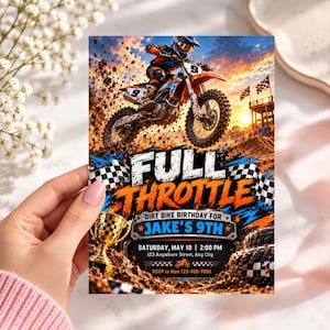 May include: A rectangular birthday invitation card featuring a motocross rider on a dirt bike, a gold trophy, and checkered flags. The text reads FULL THROTTLE DIRT BIKE BIRTHDAY FOR JAKE'S 9TH, SATURDAY, MAY 10, 2:00 PM, 123 Anywhere Street, Any City.