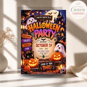 May include: A Halloween party invitation flyer featuring two cartoon ghosts in witch hats, a black cat in a pumpkin, and a haunted house background. Text includes "Halloween Party", "October 31", "10pm-2am", "The Spooky House", and "Come if you dare!"