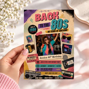 May include: A rectangular birthday invitation card featuring a 1980s theme with text reading BACK TO THE 80S, 40 YEARS OF AWESOME, and Jessica 40th Birthday. The design includes a central photo, a film roll, a cassette tape, and a boombox.