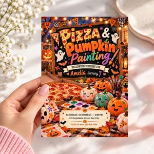 May include: A rectangular Halloween birthday invitation for Amelia turning 7, featuring the text Pizza & Pumpkin Painting. The design includes a pepperoni pizza, painted pumpkins with faces, paintbrushes, and event details for Saturday, October 25 at 2:00 PM.