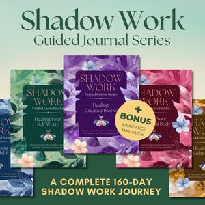 May include: A collection of six Shadow Work Guided Journal Series books featuring floral designs in blue, green, purple, pink, and brown. Each cover displays the title, a moth icon, and specific healing themes. Includes a bonus mini-guide and 21.6 cm x 27.9 cm PDF.