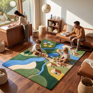 May include: A rectangular area rug featuring a tufted landscape design with a winding blue river, green hills, and small wooden houses. The rug includes a three-dimensional wooden train set and blocks placed on the surface, creating a tactile play mat.