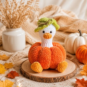Puede incluir: Un juguete de peluche tejido a mano que representa un pato blanco con un pico naranja brillante y ojos negros, que lleva un pequeño sombrero verde. El pato está metido dentro de una base grande de calabaza naranja texturizada con dos pies.