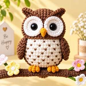 Pode incluir: Uma figura de coruja em crochê nas cores castanho e creme com olhos pretos grandes e bico amarelo, pousada num ramo de crochê castanho decorado com pequenas flores de crochê rosas, amarelas e brancas, com uma placa de madeira com Be Happy.