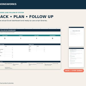 Può includere: Un sistema digitale di follow-up per lead immobiliari che presenta una dashboard Excel con sezioni per il monitoraggio dei lead, le fasi della pipeline e le routine quotidiane, insieme a due guide PDF etichettate Excel + 6 PDF GUIDES.