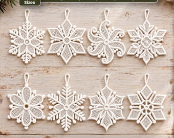 May include: Eight white embroidered snowflake ornaments with hanging loops. Text at the top reads 6 Sizes 2.5, 3.0, 3.5, 4.0, 4.5, 5.0. Text at the bottom lists file formats: DST, JEF, EXP, PES, XXX, VP3, HUS, DGT.