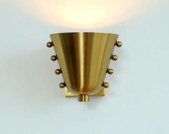 Handcrafted Brass Cone Wall Sconce, Mid Century Modern Wall Light, Rivet Accent Lamp