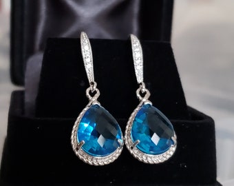 Capri blue stone crystal silver earrings,dangle drop blue earrings,bridal earrings, wedding earrings,wedding gift,stone earrings