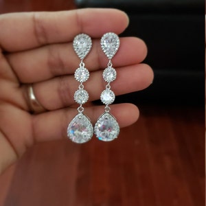 925 sterling silver Tear drop cubic zirconia clear crystal bridal wedding earrings