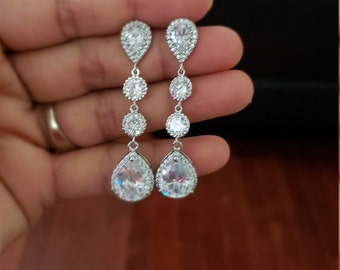 925 sterling silver Tear drop cubic zirconia clear crystal bridal wedding earrings