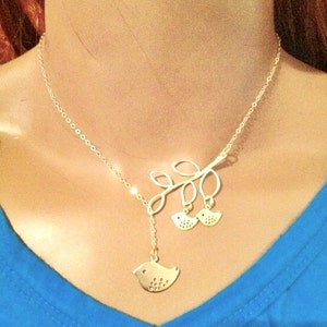14KT GOLD FILLED necklace bird and branch necklace,mama and baby bird necklace,gift for mom sister