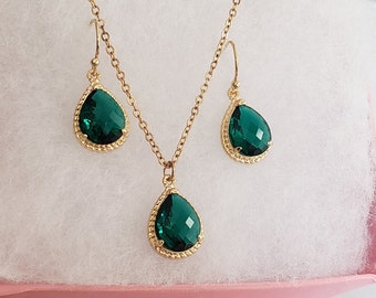 Emerald green jewelry set,emerald green necklace and earrings set, bridal or bridesmaid jewelry set,dark green necklace, green crystal neckl