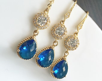 Sapphire blue bridal bridesmaid jewelry set, sapphire blue necklace set,blue gold jewelry, wedding bridal necklace and earrings, bridesmaid
