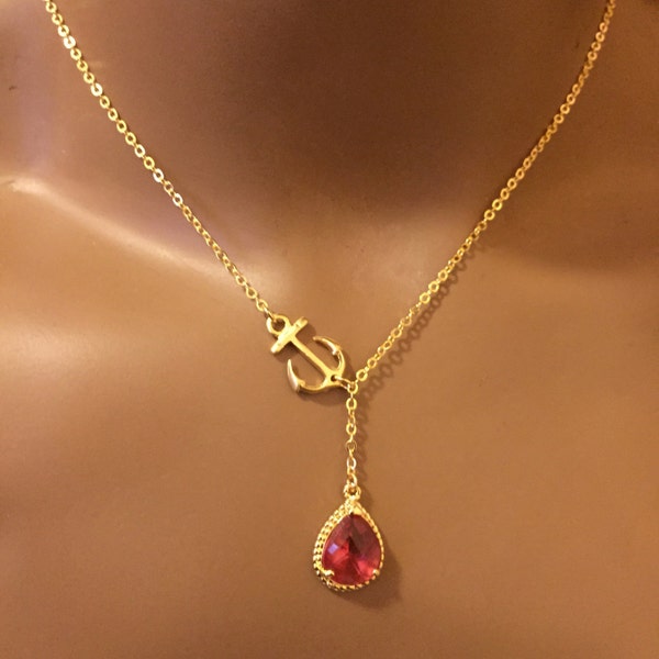 Fuschia gold crystal necklace,anchor lariat necklace,gold anchor necklace,hot pink glass crystal necklace,wedding birthday graduation gift