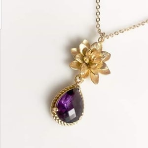 Gold lotus flower and amethyst necklace, amethyst purple stone jewelry necklace, gorgeous Christmas gift for her, water lily necklace, gold