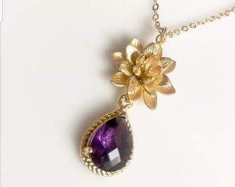 Gold lotus flower and amethyst necklace, amethyst purple stone jewelry necklace, gorgeous Christmas gift for her, water lily necklace, gold