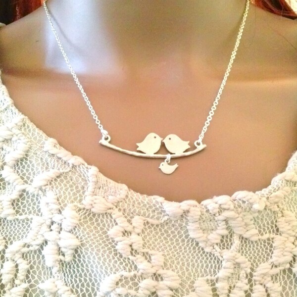 Sale,bird and branch necklace,love birds,cute simple sweet silver couple bird necklace,mom and dady bird on branch,