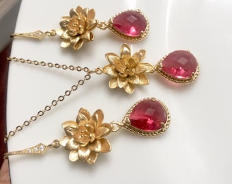 Gold lotus flower necklace,gold Lotus jewelry set,wedding jewelry set,bridal jewellery set,fuschia red crystal necklace,gift for mom