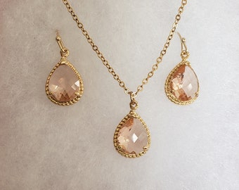 Champagne gold jewelry set,peach gold necklace and earrings set, bridal or bridesmaid jewelry set,champagne/ peach gold jewelry,