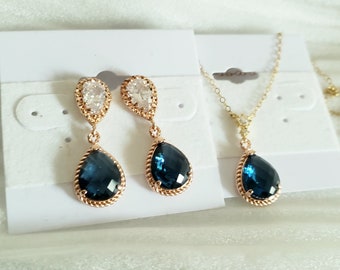 Sapphire blue rose gold jewelry set,blue stone jewelry set,sapphire wedding bridal necklace earrings,bridesmaid gift,Christmas gifts for her