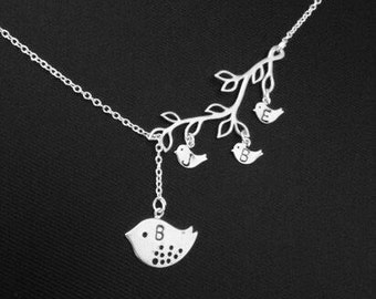 STERLING SILVER CHAIN,bird and branch necklace,family bird necklace,silver bird necklace,branch necklace,christmas gift