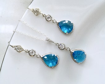 Blue crystal jewelry set,blue silver necklace and earrings set,wedding bridal jewelry set blue,mother of bride,swarovski crystal jewery set