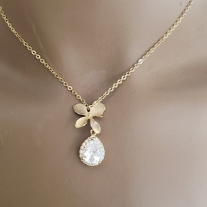 Gold orchid flower with CZ gold pendant necklace, orchid jewelry, Christmas gift, cubic zirconia pendant necklace, wedding bridal jewelry