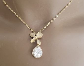 Gold orchid flower with CZ gold pendant necklace, orchid jewelry, Christmas gift, cubic zirconia pendant necklace, wedding bridal jewelry