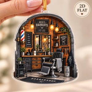 Personlig barberarprydnad, barbershopjulklapp, 2D PLAT akrylprydnad, barbershopdekor, frisörpresent för män