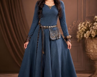 Middeleeuwse Renaissance Jurk voor Dames, Maxi Jurk met Lange Mouwen, Feeën-, Elfen-, Keltische, Viking- en Gotische Cosplay Kostuum