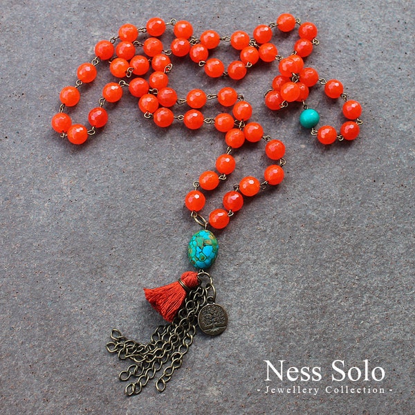 Long orange tassel necklace - Gypsy necklace - mosaic turquoise pendant, Tree of Life charm - summer jewelry, yoga jewelry by Ness Solo