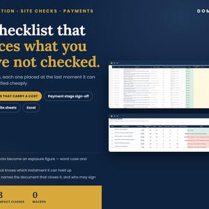 Può includere: Un'interfaccia digitale blu scuro per Domusroi con il testo A checklist that prices what you have not checked. Mostra due tabelle di fogli di calcolo, pulsanti con 128 CHECKS THAT CARRY A COST e un riepilogo di 128 controlli, 3 classi di impatto e 0 macro.