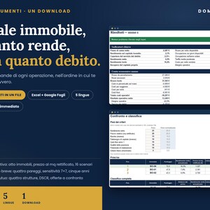 Puede incluir: Un anuncio de producto digital para Domusroi con fondo azul oscuro y texto dorado. Muestra una interfaz de hoja de cálculo con datos financieros, tablas y gráficos para análisis inmobiliario, incluyendo etiquetas como Risultati y Confronto e classifica.