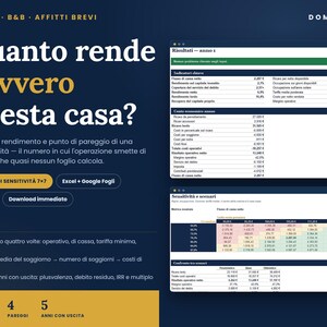 Può includere: Una grafica di marketing digitale blu scuro per Domusroi con il testo Quanto rende davvero questa casa? accanto a due finestre di fogli di calcolo bianche che mostrano dati finanziari, matrici di sensibilità e metriche di rendimento.