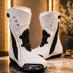 Vita läderstövlar för motorcykel, herrskor för sportbike och bancykling