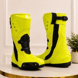 Puede incluir: Un par de botas de moto de color amarillo neón con detalles en negro, paneles de protección moldeados, inserciones de ventilación de malla y una correa con hebilla negra ajustable en la parte superior. Las botas tienen una puntera reforzada con dos remaches plateados.