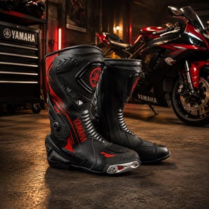 Peut inclure: Une paire de bottes de moto noires et rouges arborant le logo Yamaha en rouge sur le côté et le tibia. Les bottes comprennent un curseur d'orteil métallique, une protection de cheville renforcée et des panneaux flexibles en accordéon.