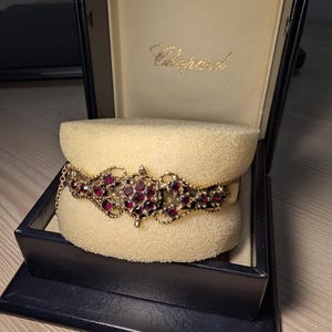 Antique 1900s Bohemian Garnet Hinged Bangle Bracelet, Authentic Czech Tomback Filigree Cuff with Luxury Chopard Presentation Storage Box