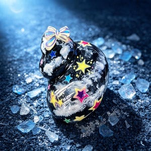 Puede incluir: Una figura con forma de pato negro que presenta un patrón de nubes blancas arremolinadas y detalles en forma de estrella en amarillo, rosa y azul. La figura está rematada con un lazo translúcido e iridiscente y tiene un acabado liso y brillante.