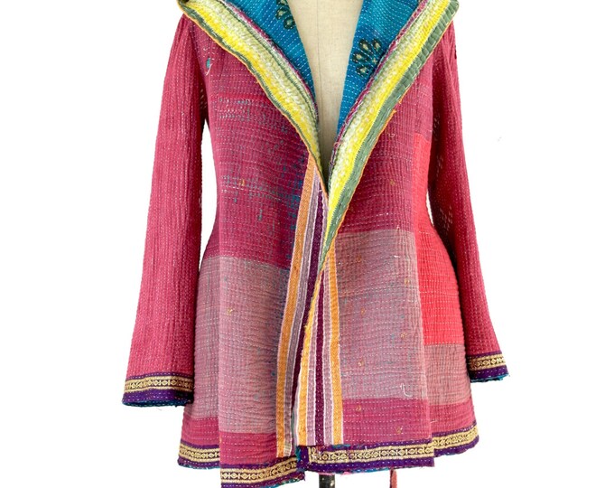 Kantha Quilt Jacket, Kantha Coat, Kantha Jacket, Hooded Coat, Reversible Kantha Coat Size Small