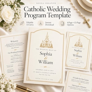 May include: A Catholic wedding programme template featuring a gold-toned church illustration, elegant serif typography, and customisable text fields for names, dates, and ceremony details. The design includes multiple page layout options for a formal event.