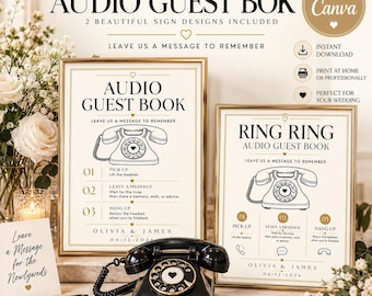 May include: Two framed signs with black text and line art of a rotary telephone, titled Audio Guest Book and Ring Ring. The signs include instructions to pick up, leave a message, and hang up, personalized with the names Olivia and James.