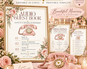 May include: An audio guest book printable template set featuring a pink rotary telephone illustration, floral accents, and instructional text for wedding guests. Includes signs with steps to leave a message, personalized names, and a date.
