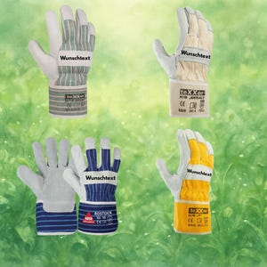 Può includere: Quattro guanti da lavoro con palmi e dita in pelle. In alto a sinistra: dorso in tessuto a righe verdi. In alto a destra: dorso in tessuto beige con marchio teXXor. In basso a sinistra: dorso in tessuto a righe blu con marchio HASE. In basso a destra: dorso in tessuto giallo con marchio teXXor.